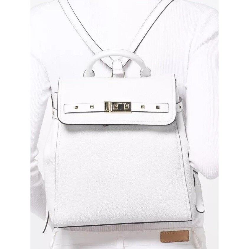 Michael Kors Addison Backpack Optic White Leather Gold Stud Flap Snap Bag