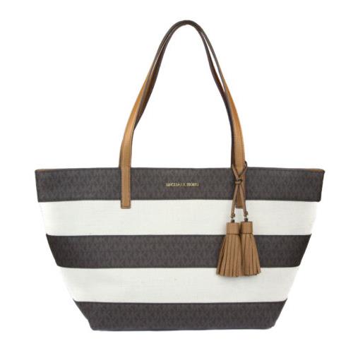 Michael Kors Womens Large East West Brown Natural Stripe Tote Purse Bag Handbag