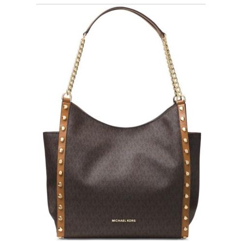 Michael Kors Signature Bury Medium Chain Shoulder Bag Brown Gold Stud