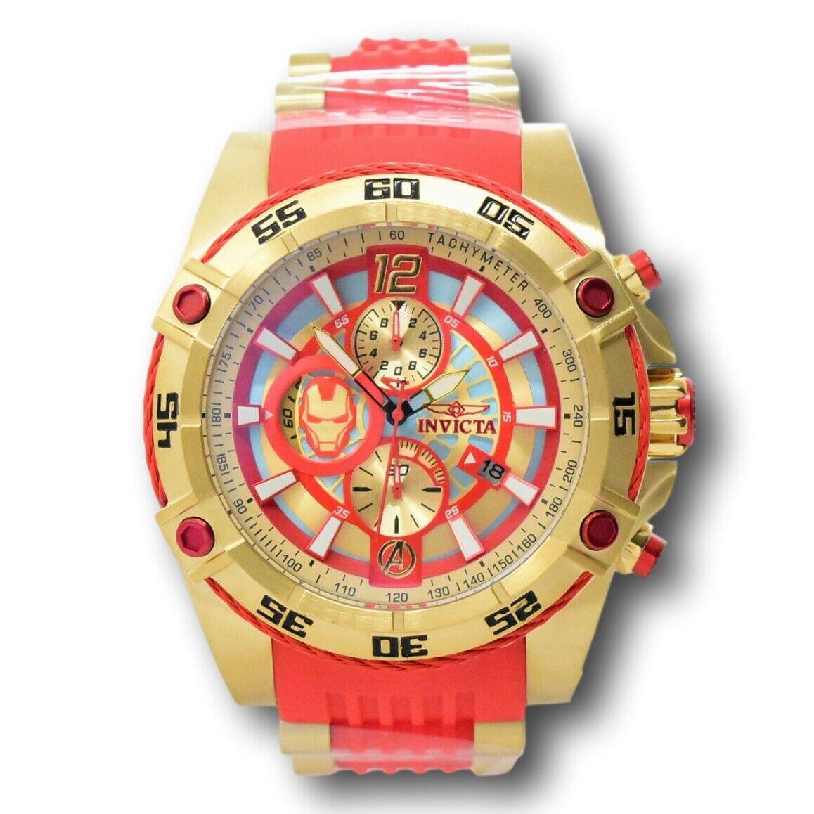 Invicta Marvel Ironman Men`s 52mm Limited Edition Gold Chronograph Watch 26796 - Dial: Red, Pink, Blue, Yellow, Multicolor, Band: Red, Bezel: Red