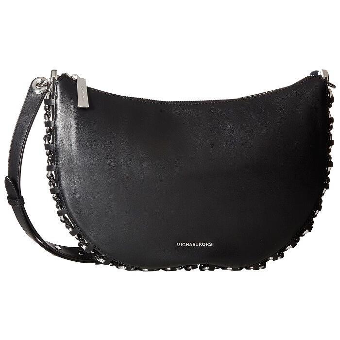 Michael Kors Black Leather Piper Medium Messenger Bag Silver Chain Detail