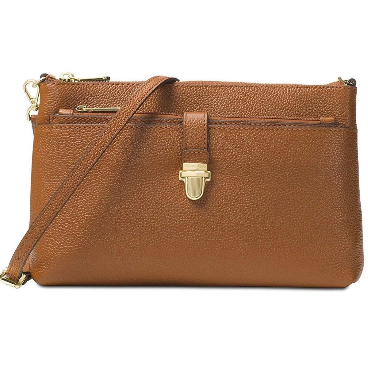 Michael Kors Leather Mercer Large Snap Pocket Crossbody Bag Clutch Luggage Brown - Brown Exterior, Gold Hardware