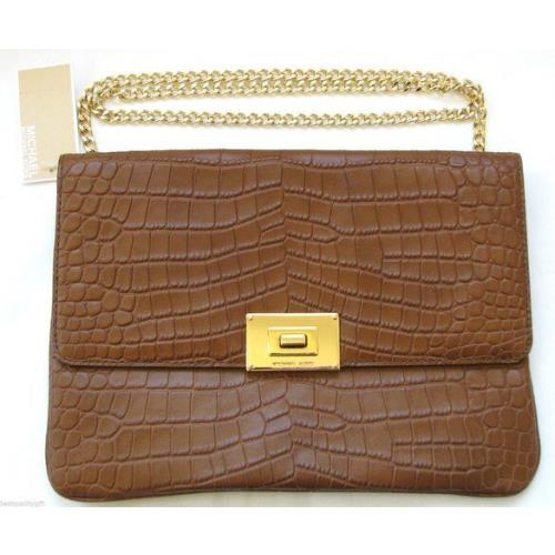 New-michael Kors Sloan Mocha/luggage Croc Leather+gold Clutch Crossbody Hand Bag