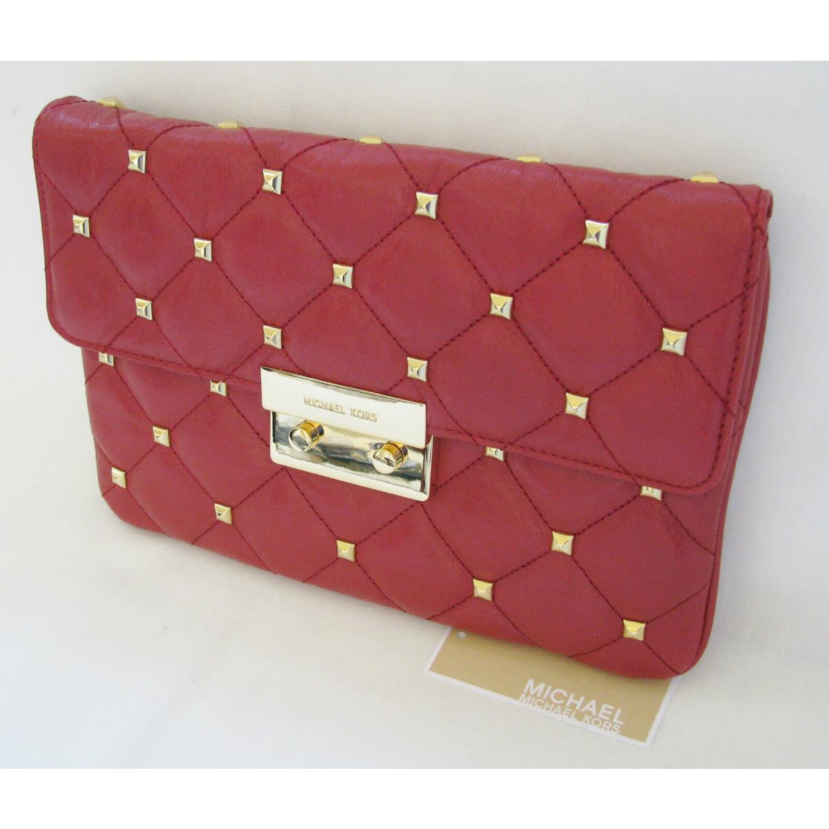 New-michael Kors Sloan Quilt Stud Red Leather+gold Clutch Shoulder/hand Bag+tag