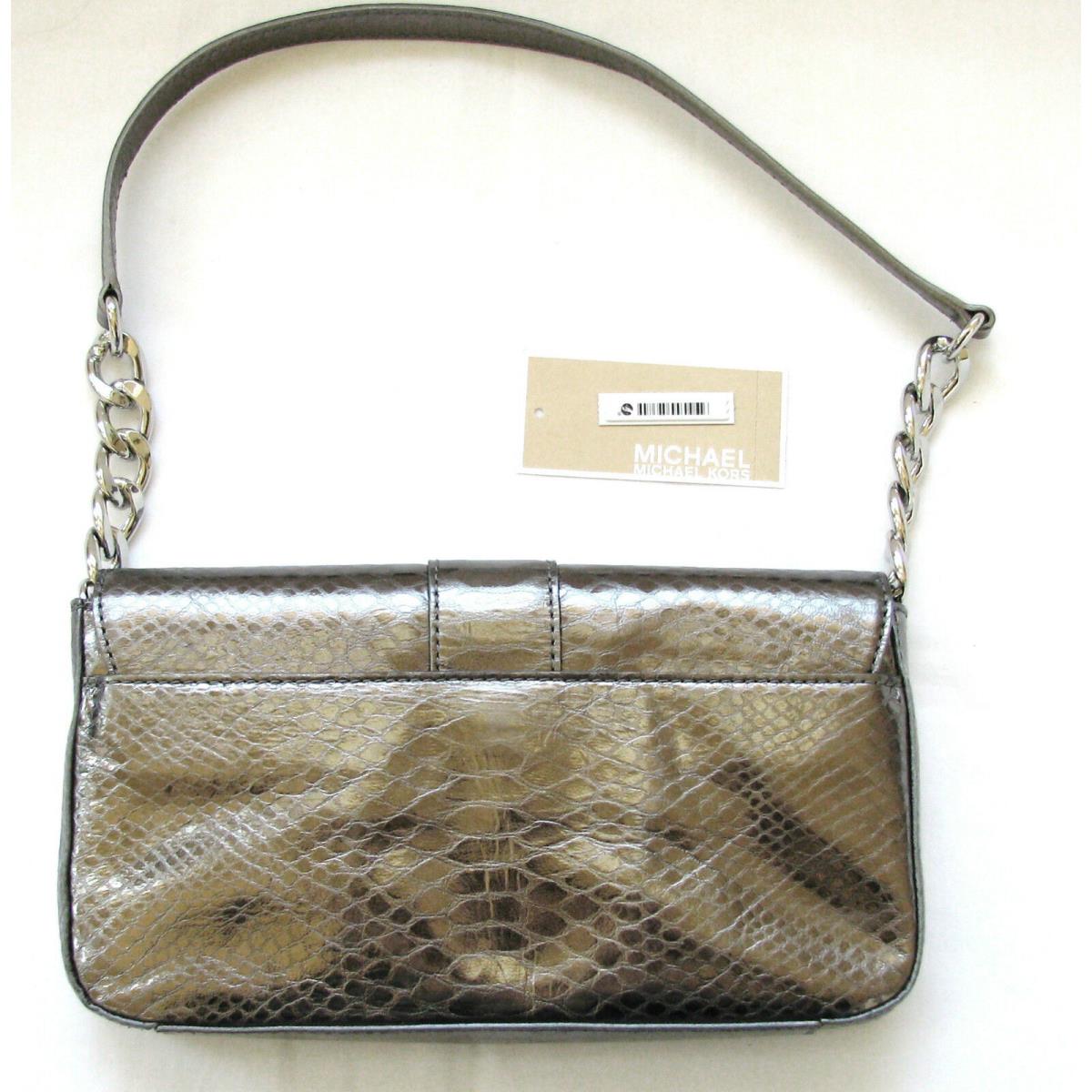 Michael Kors Fulton Gunmetal Python Leather+silver Flap Clutch Shoulder Bag