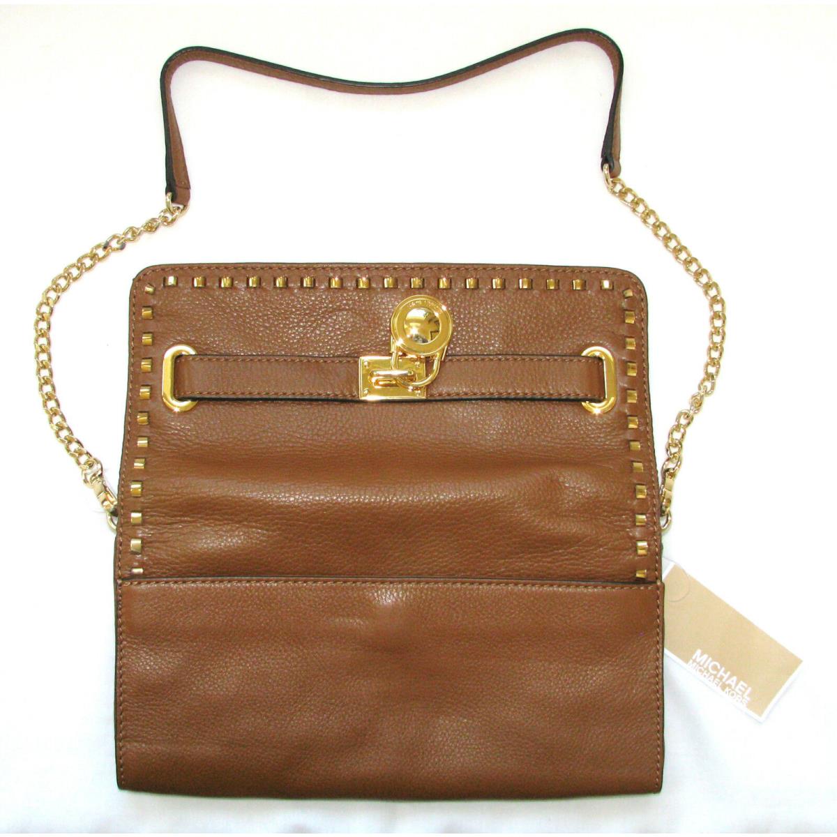 New-michael Kors Hamilton Whipped Luggage Brown Leather+gold Clutch Shoulder Bag