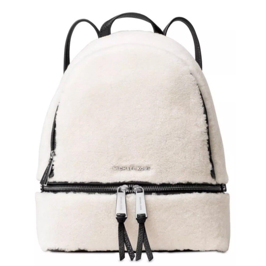 Michael Kors MD Rhea Fur Shearling Natural Black Trim Backpack Bookbag Bag