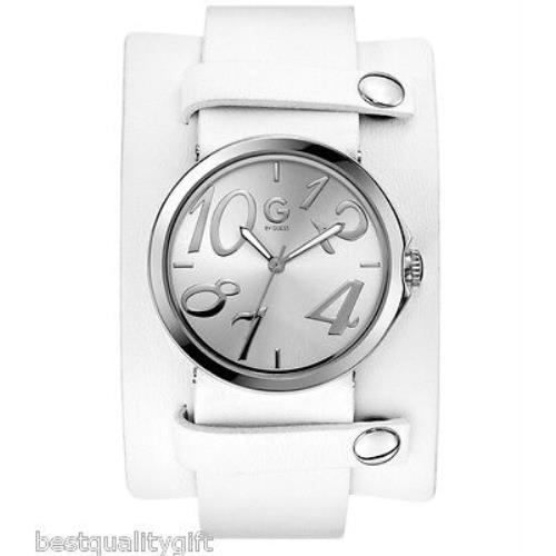 New-guess Silver Tone White Leather Detachable Cuff Band WATCH-G89055L1
