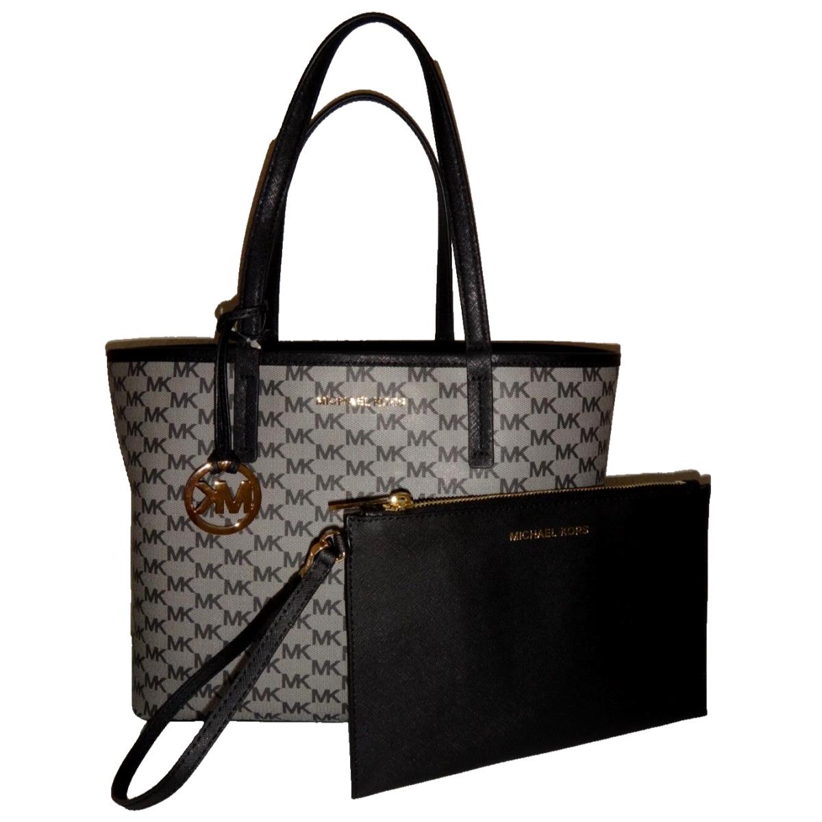 Michael Kors 2pc Set MK Signature MD Reversible Tote Bag Clutch Black Saffiano