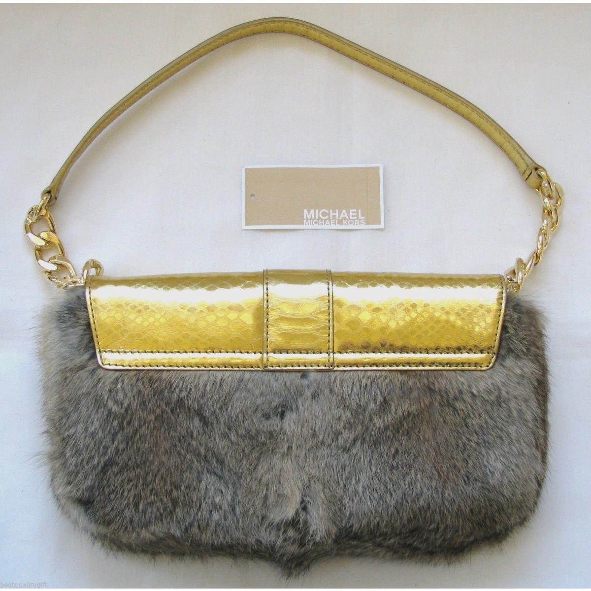 Michael Kors Fulton Rabbit Fur+gold Python Leather Clutch Purse+dust Bag