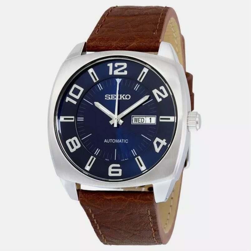 Seiko Recraft Snkn37 Automatic Mens Watch Blue Dial Brown Leather Strap 43.5Mm