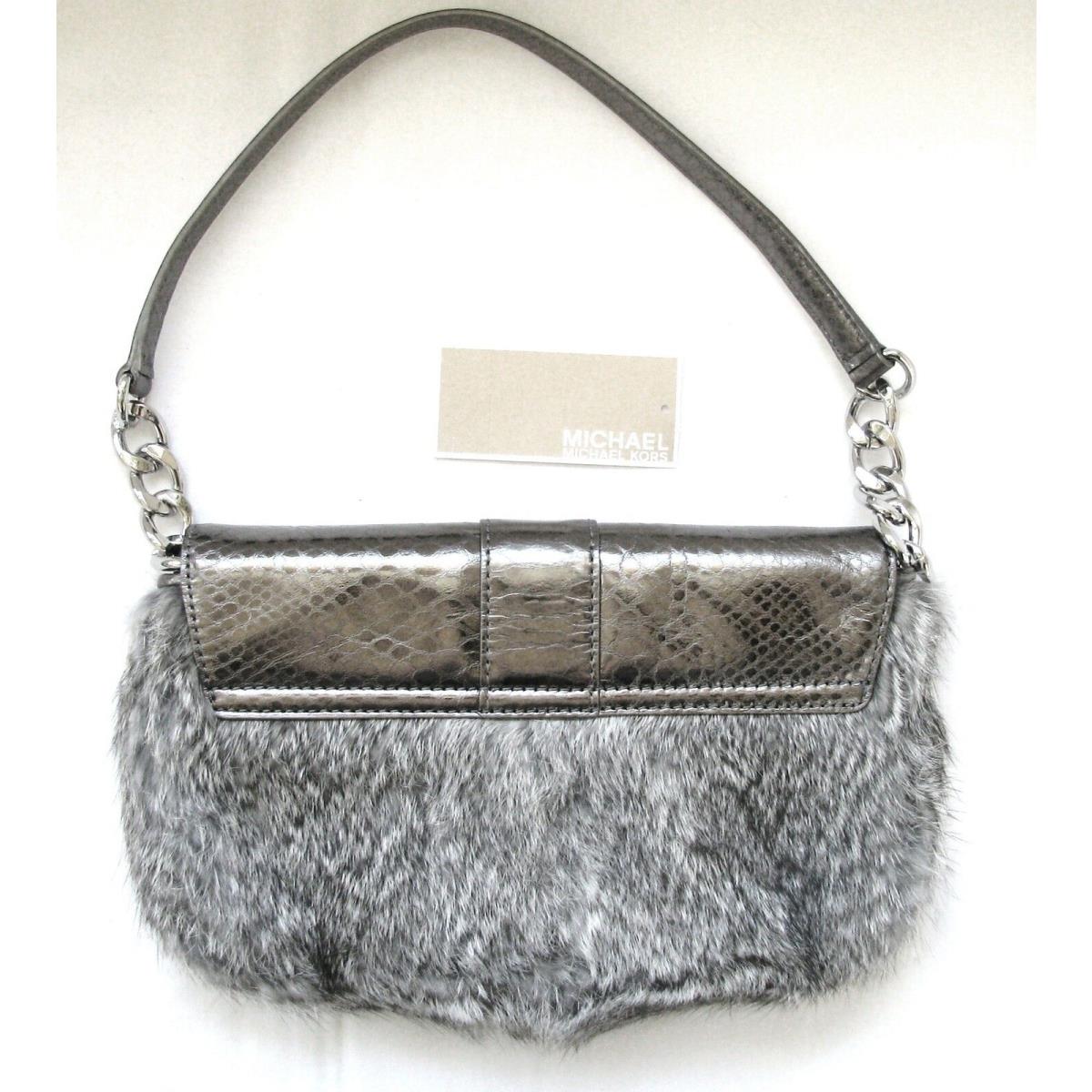 Michael Kors Fulton Silver Rabbit Fur+gunmetal Pythn Leather Clutch Purse Bag
