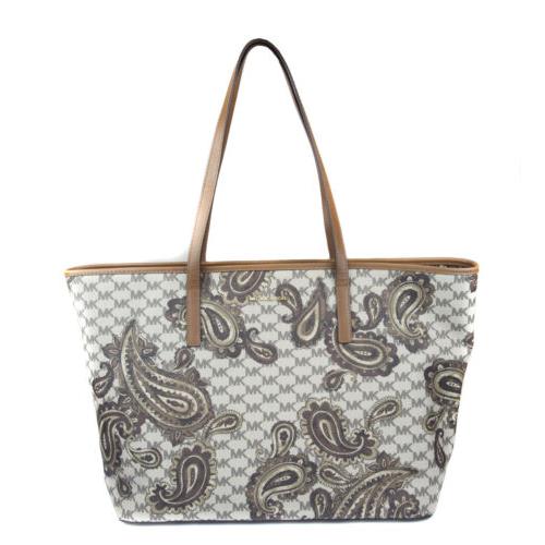 Michael Kors Women`s Large Luggage Paisley MK Print Emry Tote Purse Bag Handbag - Exterior: Beige, Handle/Strap: Brown, Hardware: Gold