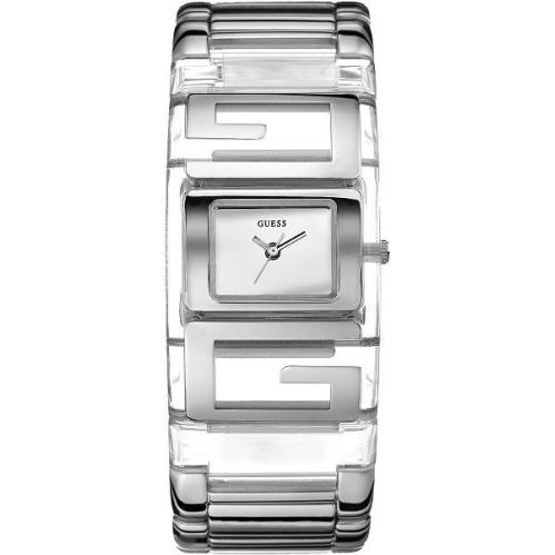 Guess Women`s Watch Adj Link Clear Acrylic Band+silver Logo DIAL-W12055L1