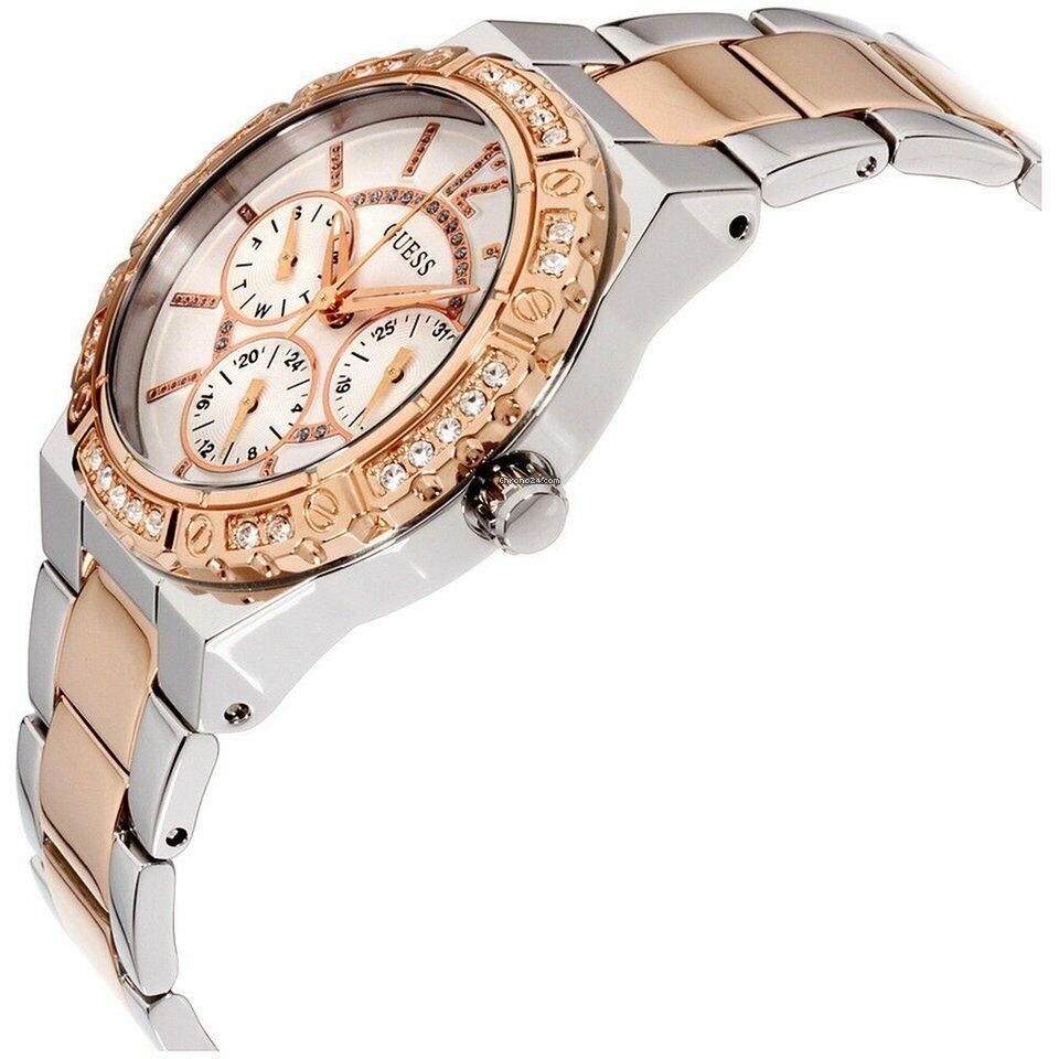 Guess Rose Gold+silver 2 Tone Multi Function Crystals Bracelet WATCH-W0845L6