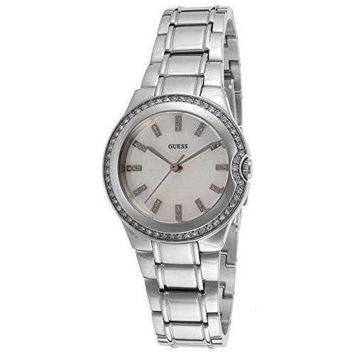 New-guess Silver Tone Crystal White Mop Dial S/steel Small Watch W11178L1