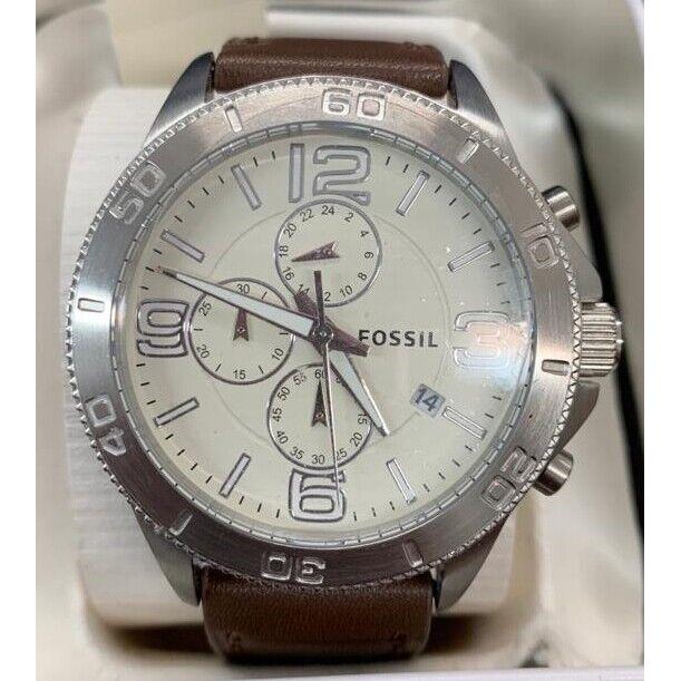 Fossil BQ1629 Cream Dial Brown Leather Strap Chronograph Men`s Watch