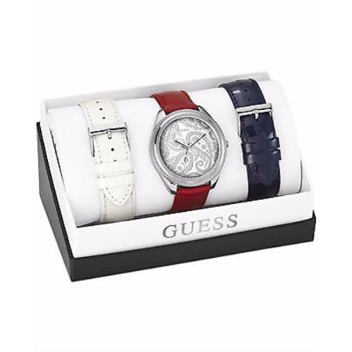New-guess 3 PC Set Silver Tone White+red+blue Leather Band Watch U0509L1