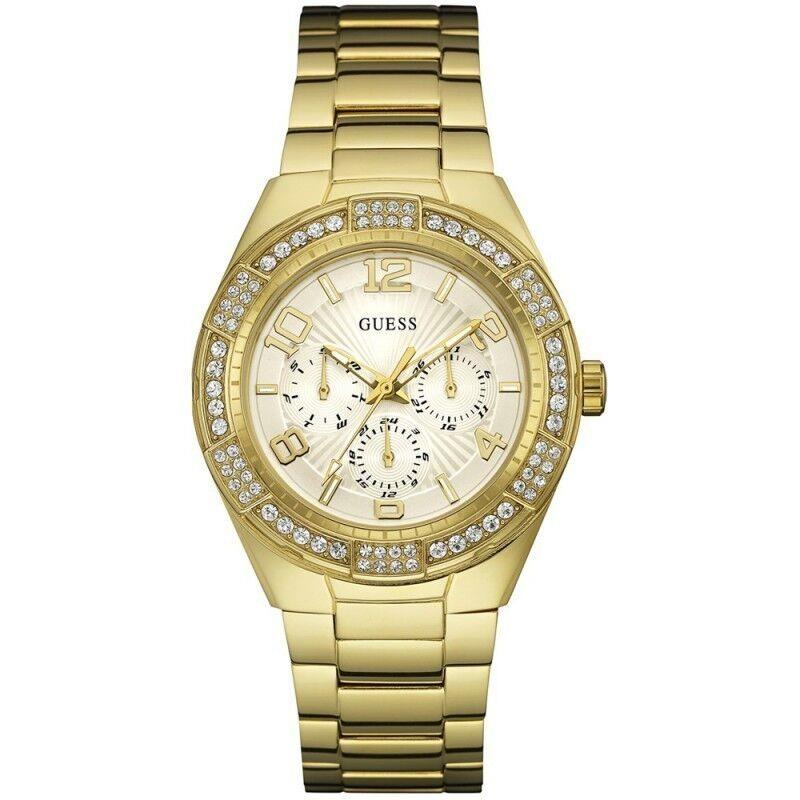 Guess Gold Tone Crystals Glitz Bezel White Dial Bracelet WATCH-W0729L2