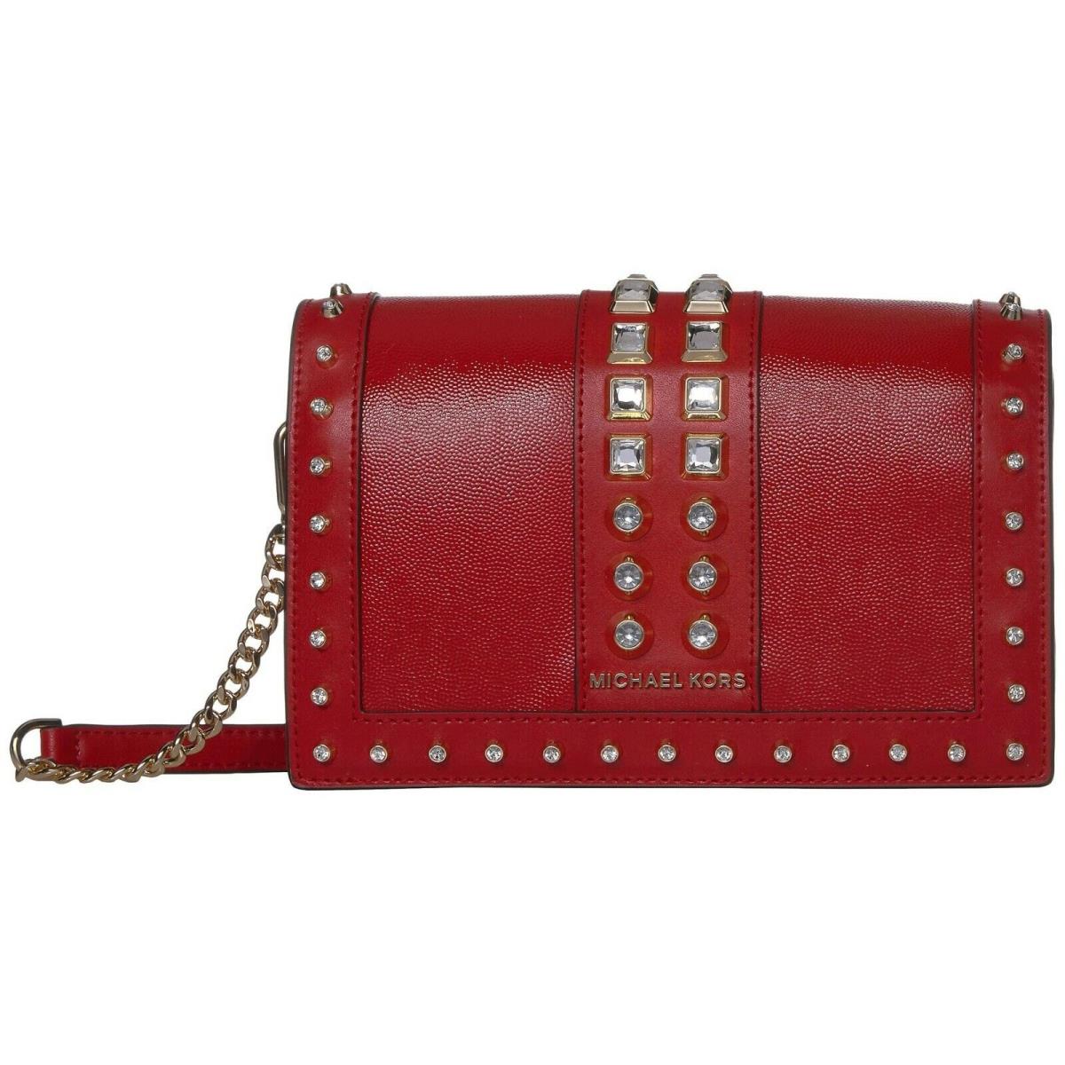 Michael Kors MK Jet Set Full Flap Gold Chain Cross-body Bag Red Leather Crystals