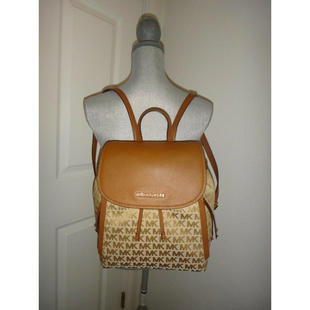 Michael Kors Evie MK Signature Jacquard MD Flap Backpack Bag Beige Camel Luggage