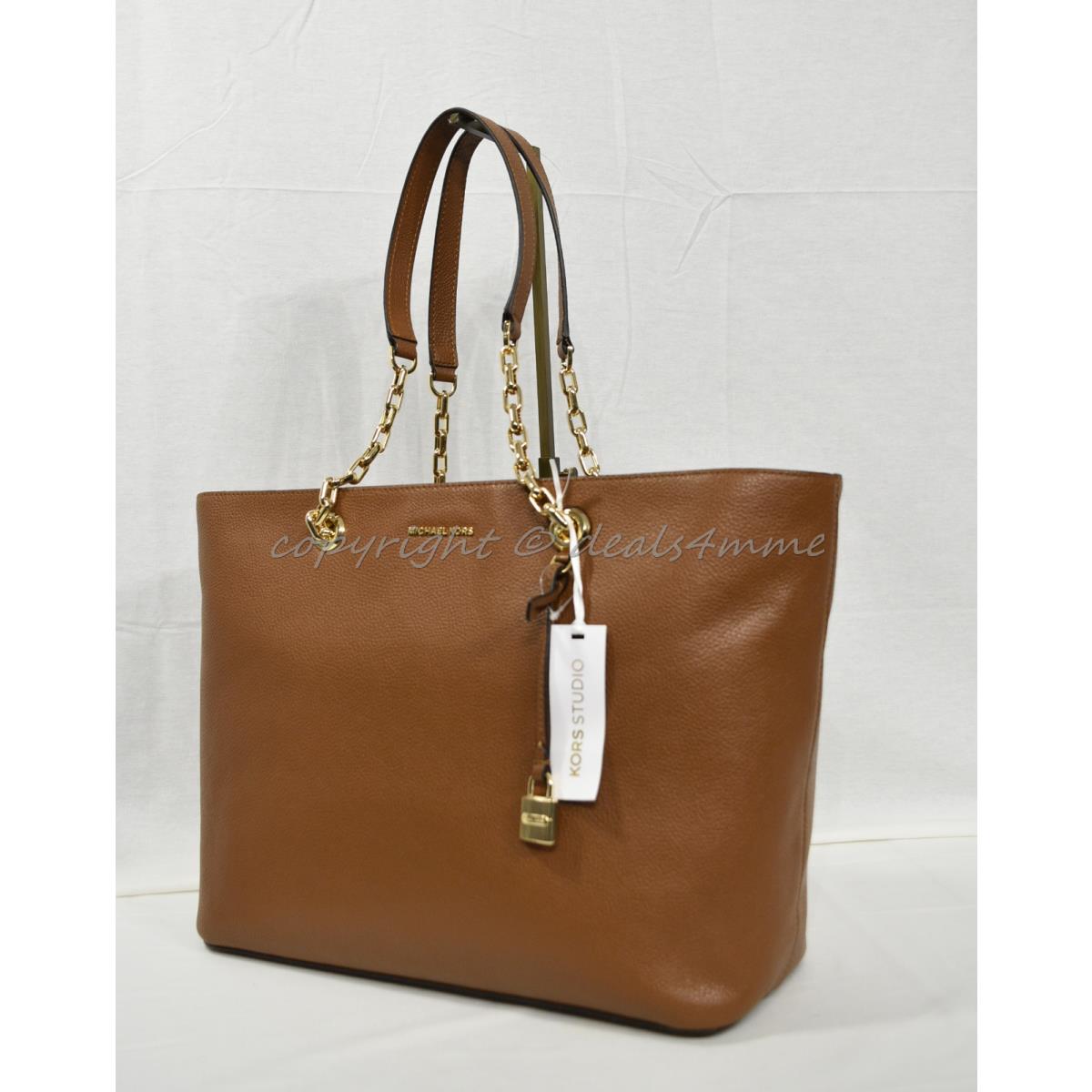 Michael Kors Mercer Chain Medium Top Zip Leather Tote/shoulder Bag Luggage Brown