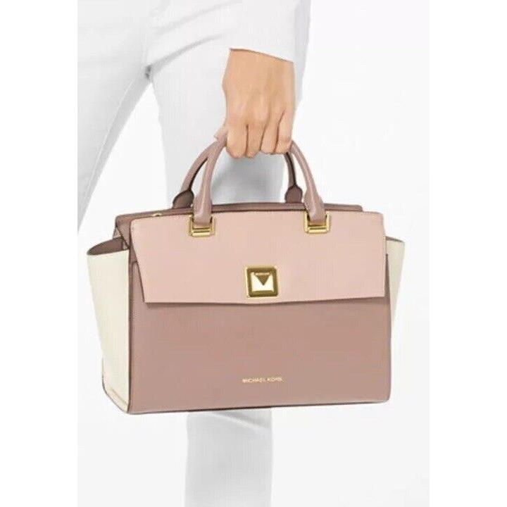 Michael Kors Sylvia Tricolor Crossgrain Leather Top Zip Satchel Bag Pink - Exterior: soft pink multi gold