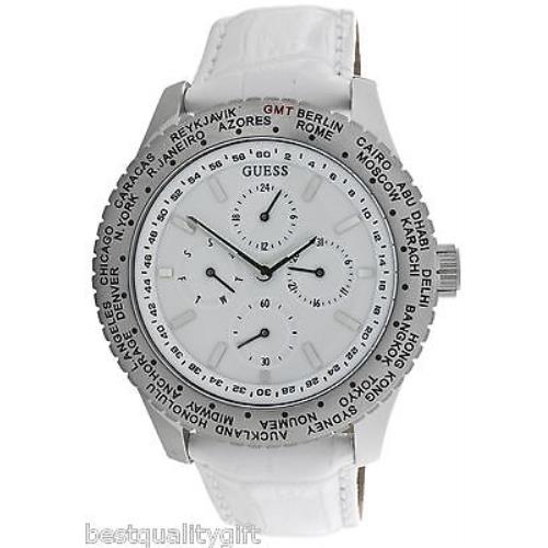 Guess White Croc Leather+silver Tone Chrono International World Watch W12082G2
