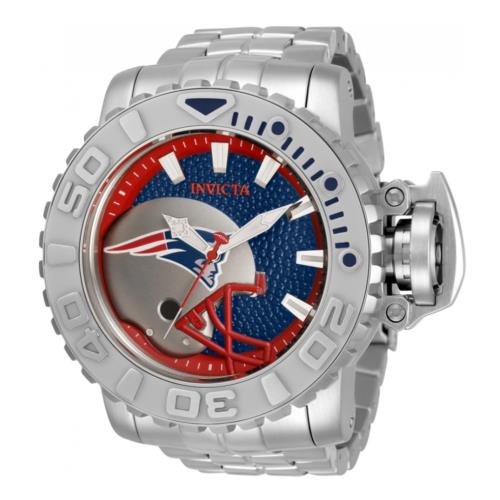 Invicta England Patriots Automatic Men`s 58mm Limited Edition Watch 33024 - Dial: Blue, Band: Silver, Bezel: Gray