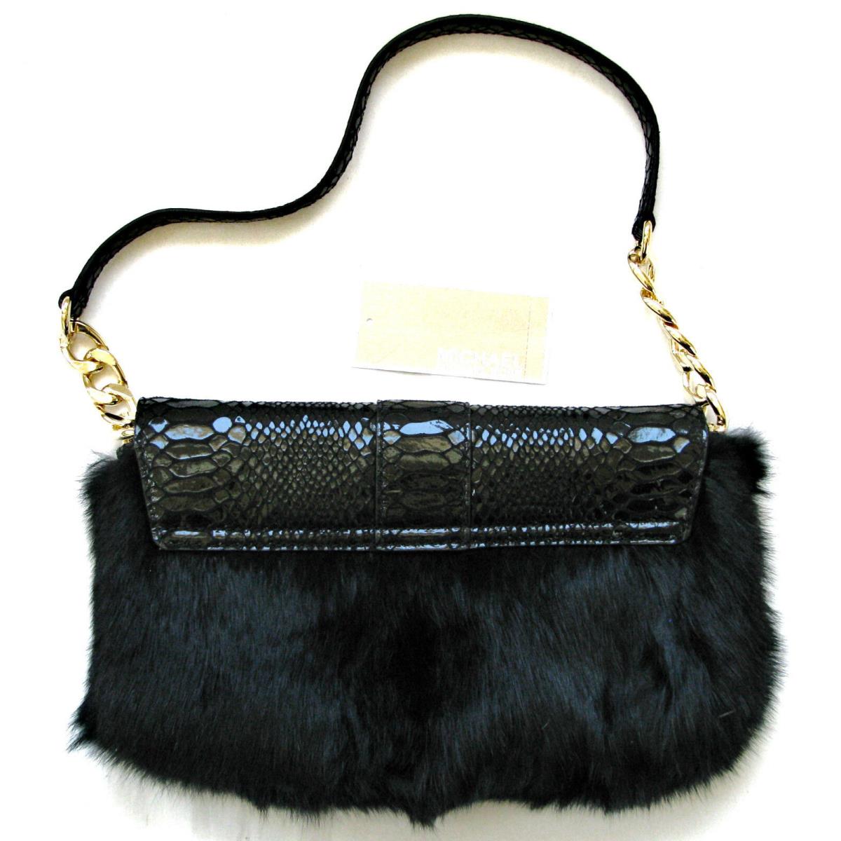 Michael Kors Fulton Black Rabbit Fur+python Leather+gold Clutch Shoulder Bag