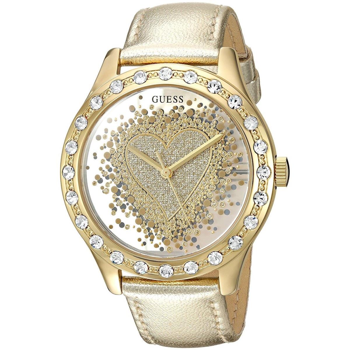 Guess Gold Heart Crystal Mirror Dial Pale Gold Leather Band WATCH-U0909L2
