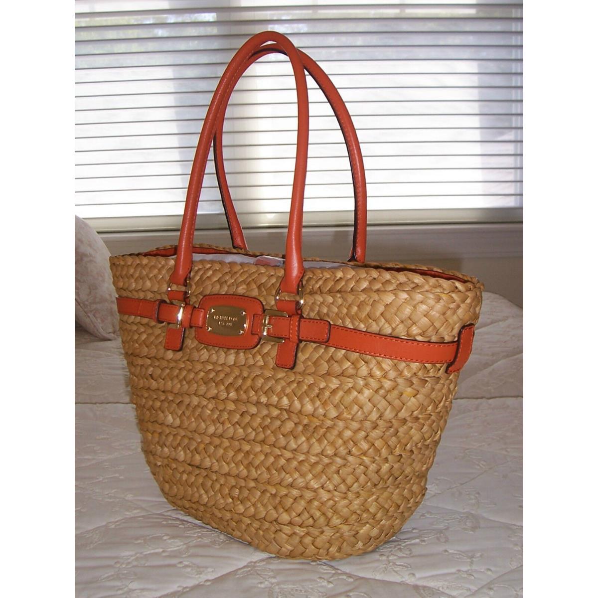 Michael Kors Hamilton Straw Lg Tote Bag Corn Husk Natural Straw / Tang Lthr