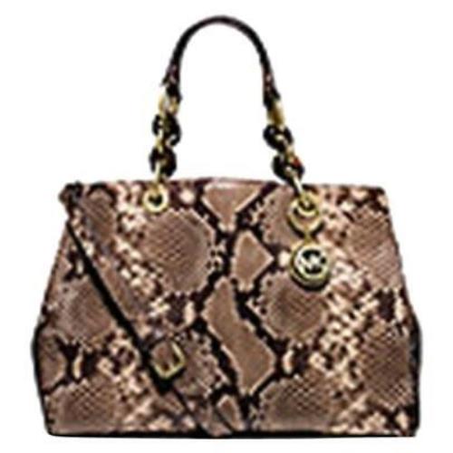 Michael Kors Cynthia Medium Embossed-leather Satchel Dark Khaki Bag Purse - brown snake Main, Black Exterior