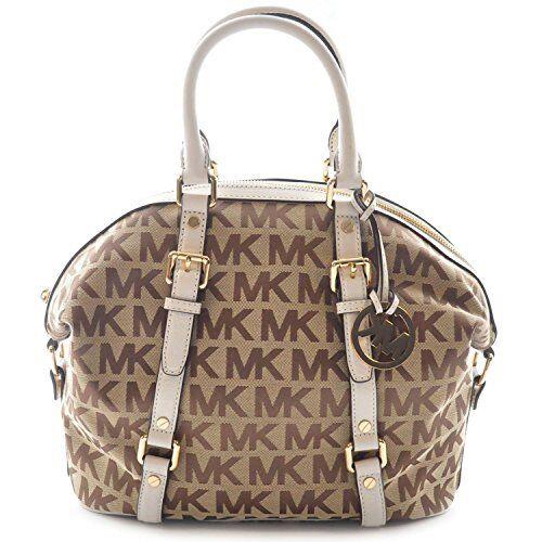 Michael Kors Bedford Canvas Beige Ebony Vanilla Gold Satchel Bag Crossbody