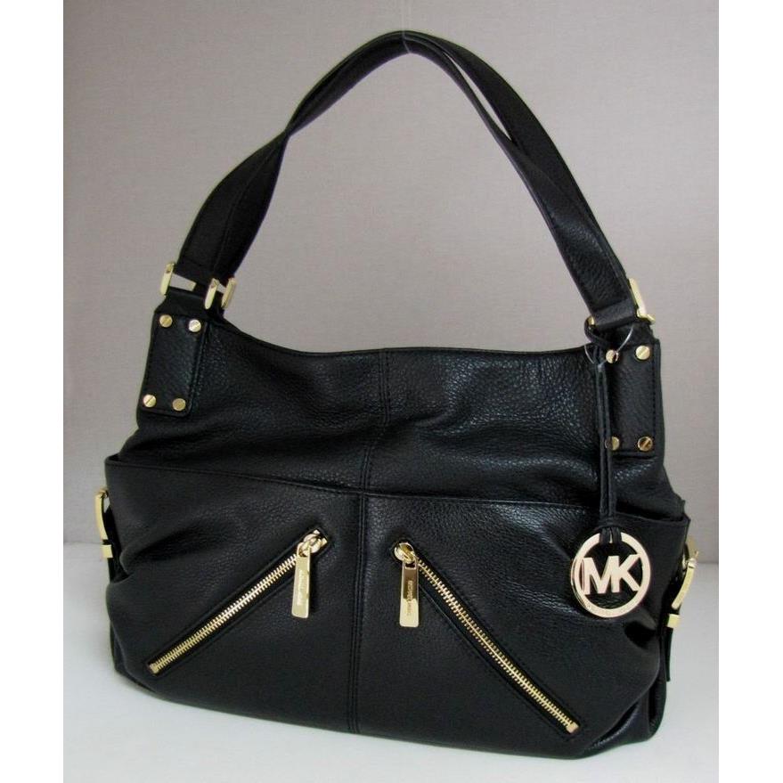 Michael Kors Portland Black Leather Gold Tone Tote Shoulder Bag Handbag