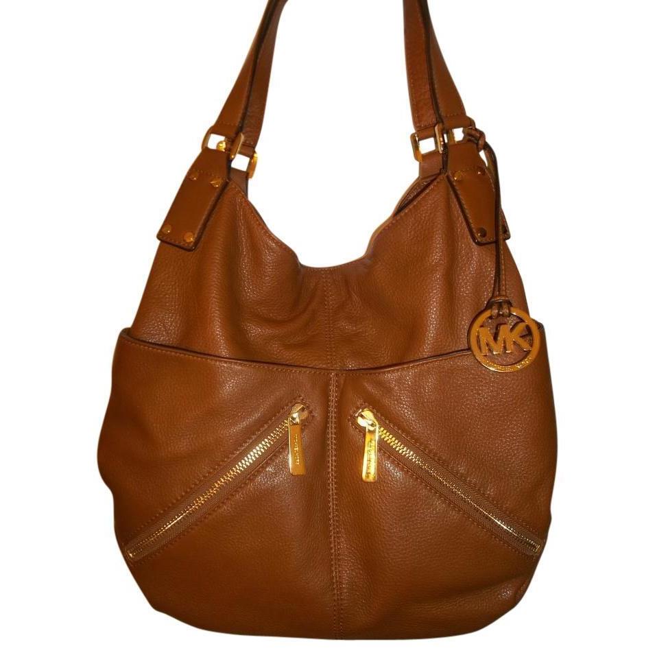 Michael Kors Portland Luggage Brown Leather Gold Tote Shoulder Bag Handbag