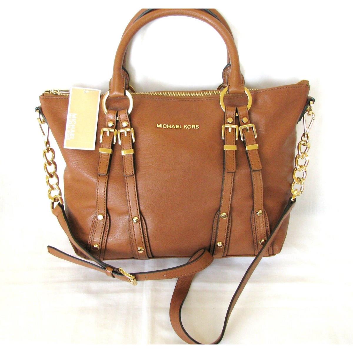 Michael Kors Medium Leigh Luggage Brown Leather Satchel Crossbody Purse Hand Bag