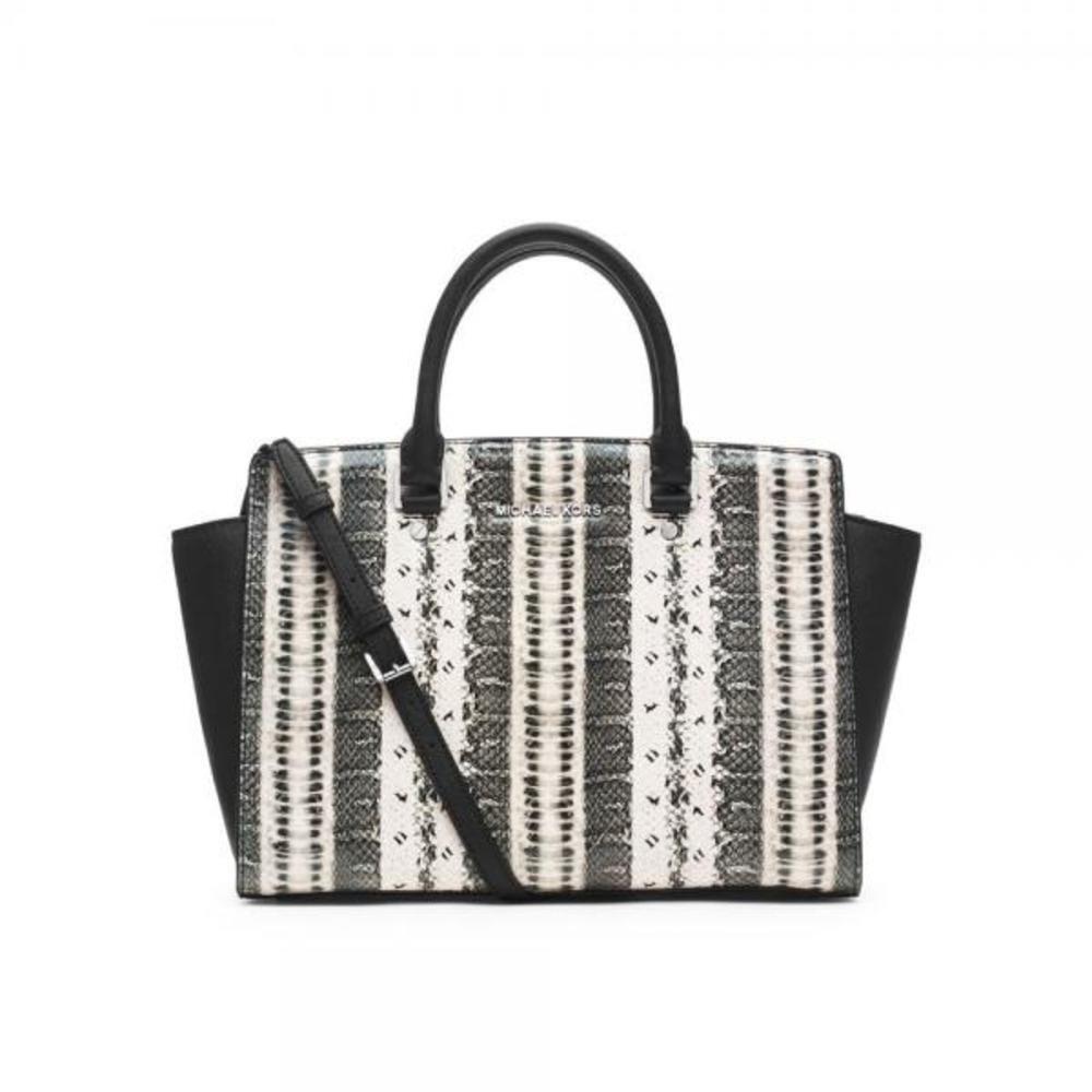 Michael Kors Selma Large Black White Snake Print Leather Satchel Tote Bag