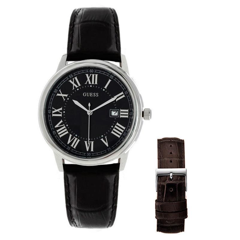 Guess 2 PC Set Silver Tone Black+brown Leather Band Roman S Watch W0384G2