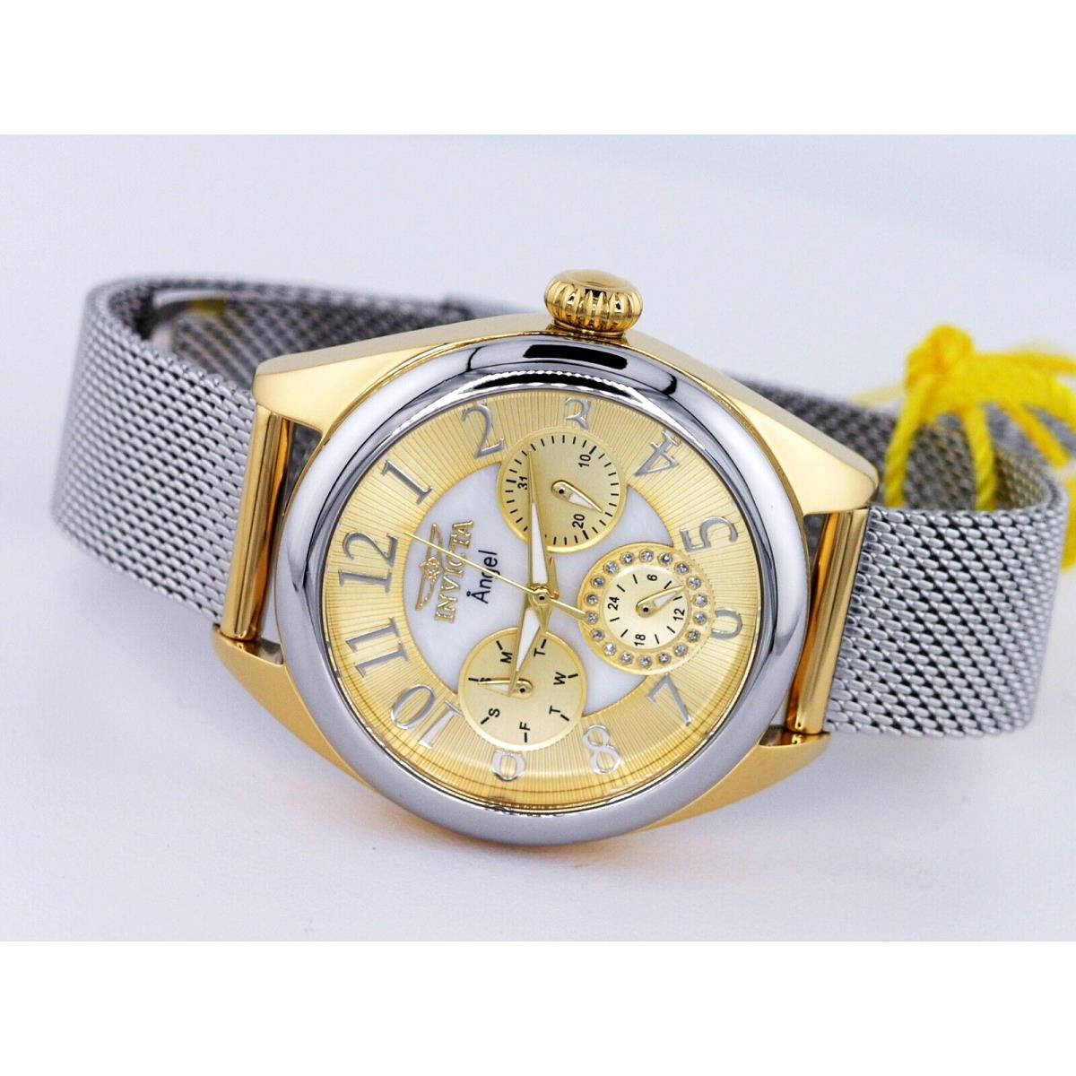 Invicta Angel 27452 Mesh Bracelet Multi Function Steel Watch Gold Dial 35MM - Dial: Gold, Band: Silver, Bezel: Silver