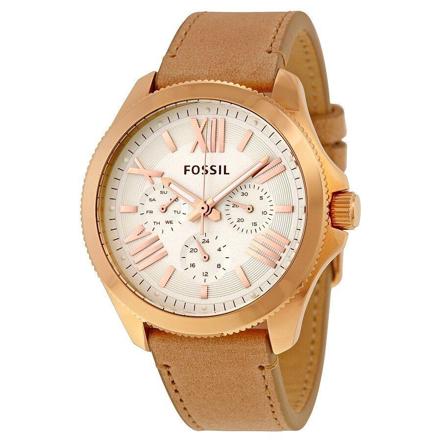 Fossil Rose Gold Tone Roman Numbers Beige Mauve Leather Band Watch AM4532