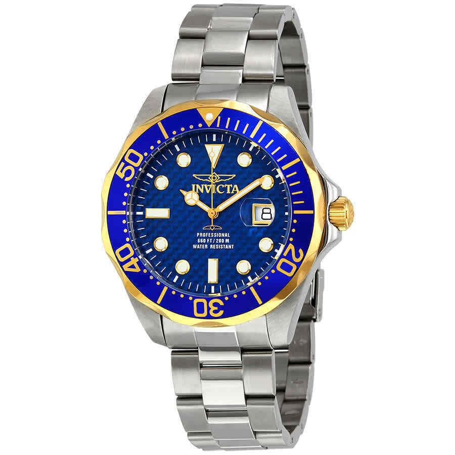 Invicta Grand Diver Blue Carbon Fiber Dial Men`s Watch 12566 - Dial: Blue, Band: Silver, Bezel: Silver-tone