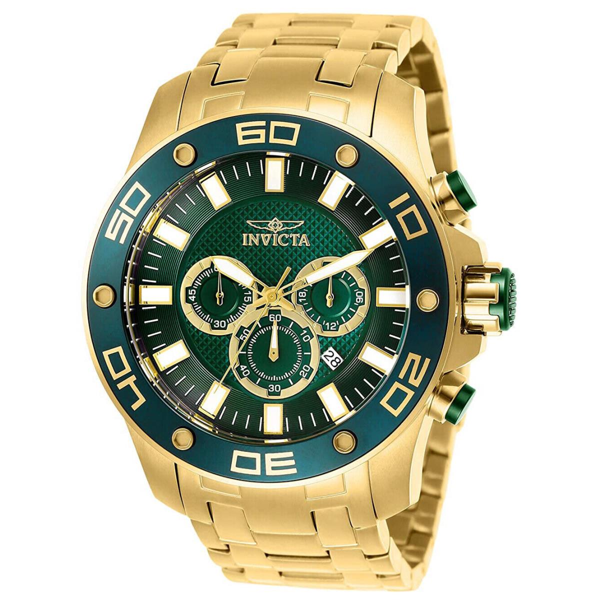 Invicta 26077 Pro Diver Green Dial Gold Tone Stainless Chronograph Men`s Watch