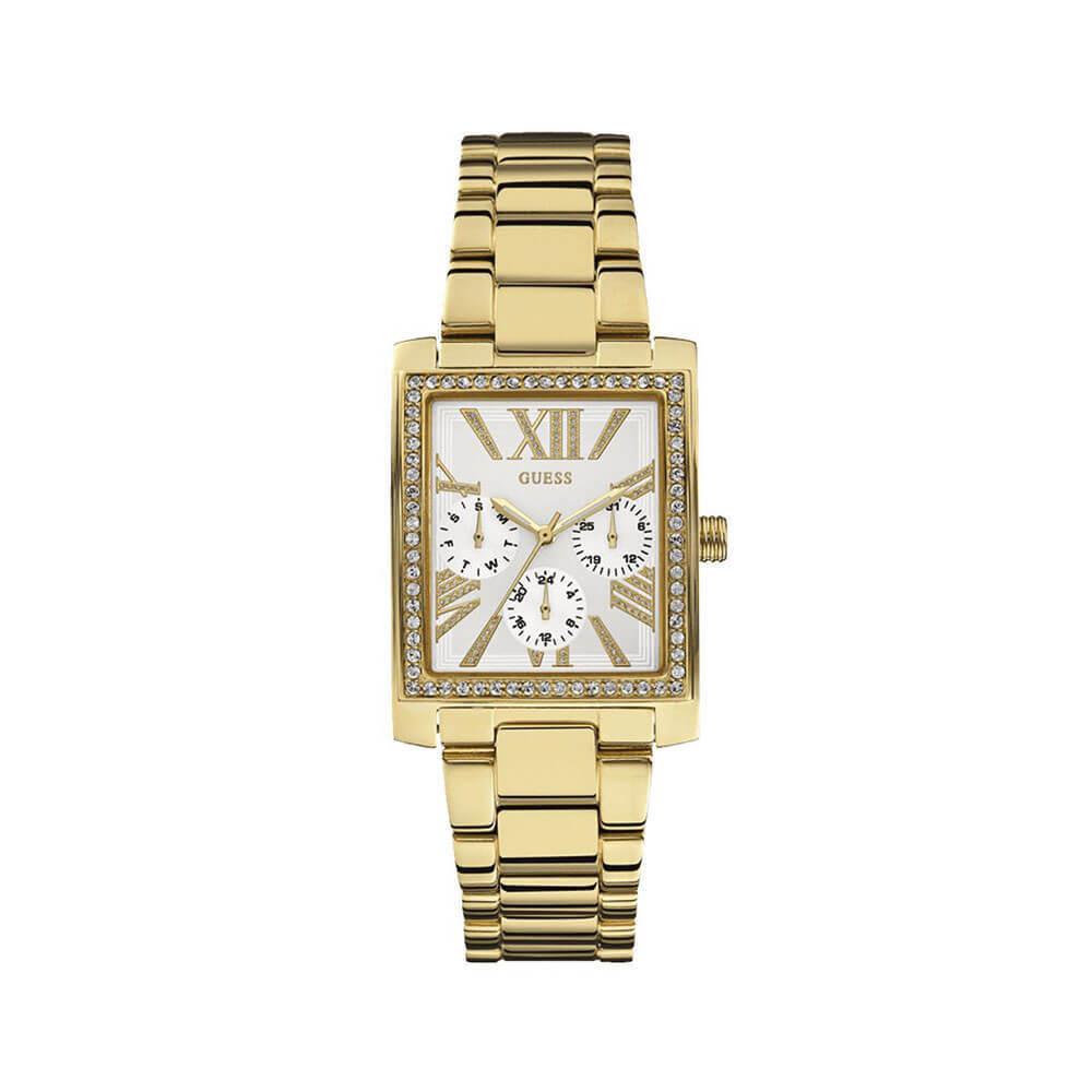 Guess Gold Tone S/steel Pave Crystal Bezel Roman `S Pave Dial Watch W0446L2