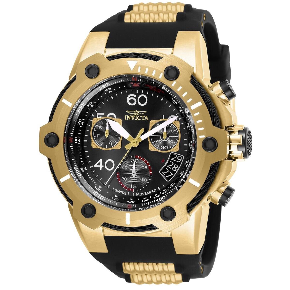 Invicta Men`s Bolt 25874 Gold Black Dial and Black Strap 51mm Swiss Watch - Dial: Black, Band: Black, Bezel: Black