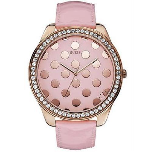 Guess Rose Gold Tone Pink Leather Band Crystal Polka Dot Dial WATCH-W0258L3