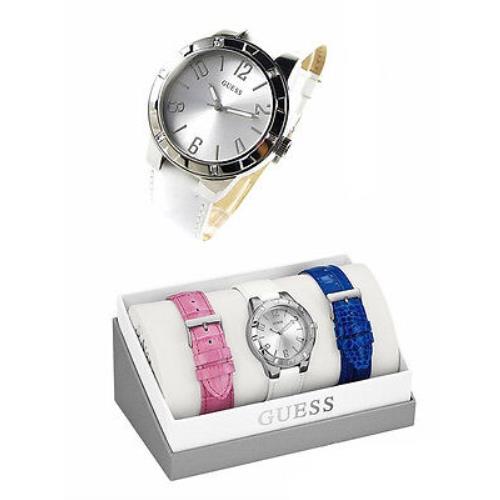 Guess White Pink Blue Leather Interchangeable Band+silver Watch Set W0163L3