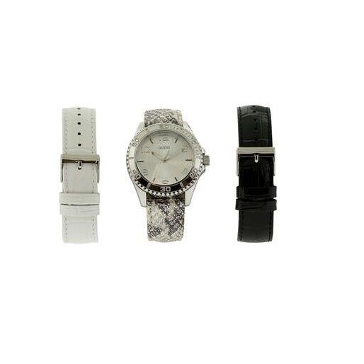 Guess White Black Grey Leather Interchangeable Band+silver Watch Set W0239L1