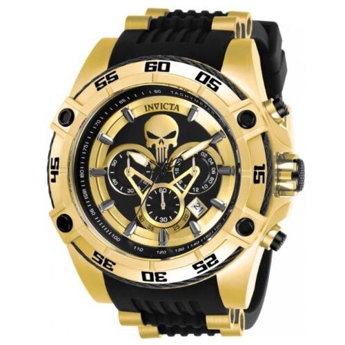 Invicta Marvel Punisher Men`s 52mm Gold Limited Edition Chronograph Watch 26860 - Dial: Black, Band: Black, Bezel: Black