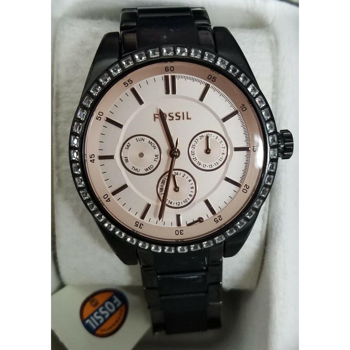 Fossil BQ1691 Caressa Pink Dial Black Ion Plated Multifunction Women`s Watch